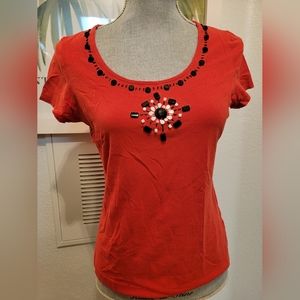 ♡OSCAR DE LA RENTA RED LABLE RED BEADED TSHIRT US M